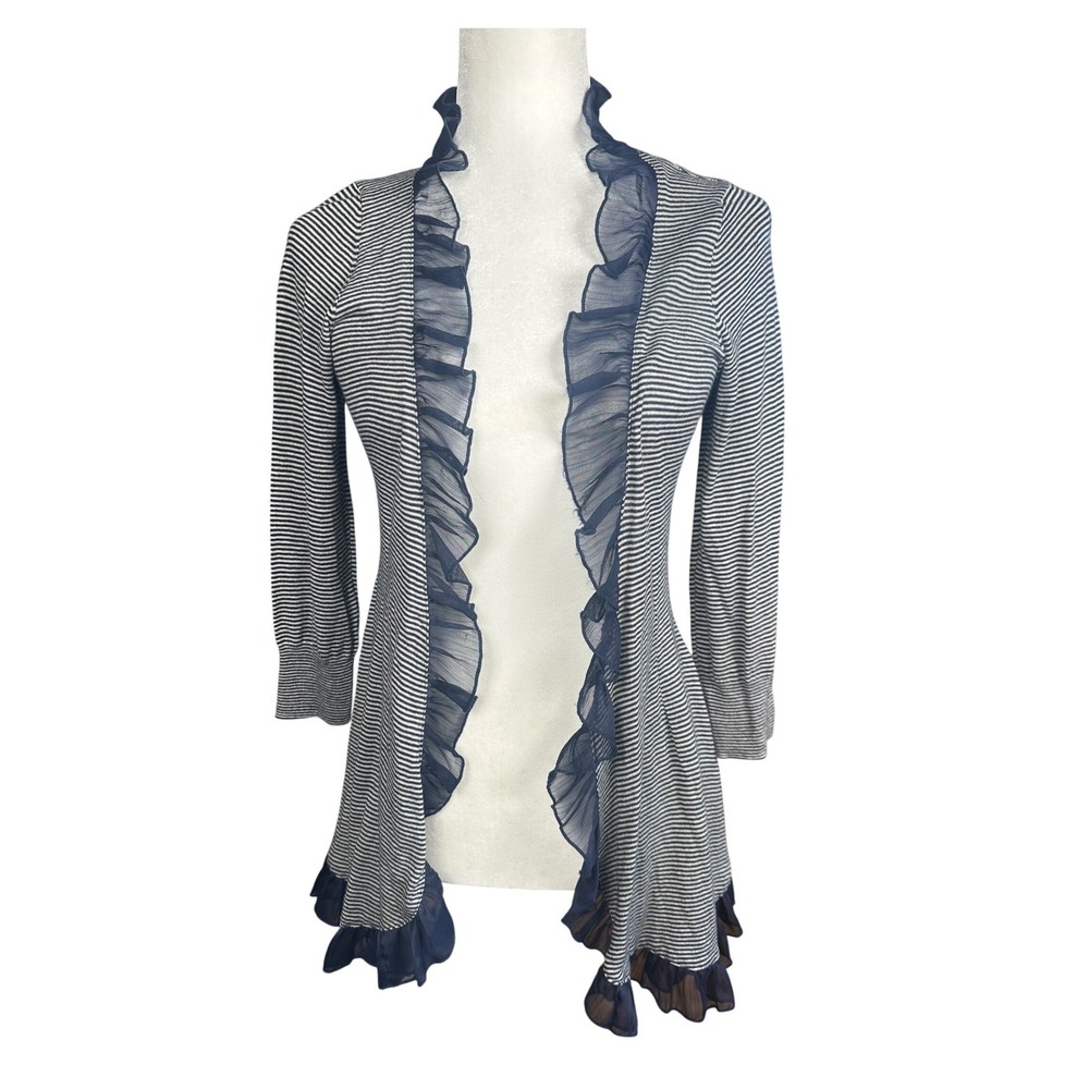 Guinevere Anthropologie Cardigan Small‎ Navy White Striped Ruffle Open Front